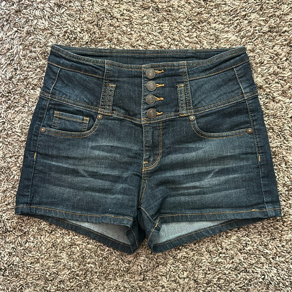 Wax Jeans Dark Wash Whisker High Waist 5 Pocket 4 Button Denim Shorts